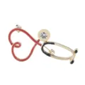 Close-up detail of a gold-tone stethoscope heart brooch featuring red and black enamel finish - Red & Black Enameled Rhinestone Stethoscope Heart Set (D-1000)