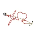 Detailed view of the red heart-shaped stethoscope brooch with crystal accent - Red ECG Heart Stethoscope with Single Rhinestone (D-1001)