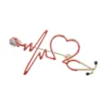 Detail view of a gold-tone stethoscope heart brooch with red enamel and rhinestone. - Red & Black Enameled Heart Stethoscope with Gold Lines (D-1002)