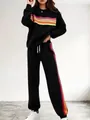 Women's casual black sweatshirt and joggers set with vibrant rainbow side stripes - Black
