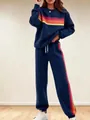 Women's navy blue two-piece sweatshirt and joggers set with vibrant rainbow stripes - Navy Blue