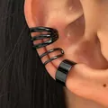 Minimalist black C-shaped ear cuff set with multi-layer geometric design for non-pierced ears - Matte Black (11388)