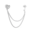 Elegant heart and key brooch with sparkling rhinestones and double silver chain link - Heart Key Double Chain (D-100) / Silver