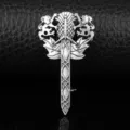 Vintage silver Outlander thistle brooch with sword and heraldic lion details - Thistle Sword Lion Style (XZ-045)