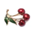 Vibrant red cherry brooch with green leaves in a gold-toned finish for women's suits - Three-Fruit High-Gloss Red Style (D-396)