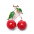 Exquisite red cherry fruit brooch badge with gold-tone stem for women's blazer suit - Double Full Red and Green Enamel Style (D-517)