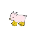 Detail shot of a cute pink pig enamel pin wearing bright yellow rain boots for denim jackets - Yellow Boots
