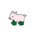 Enamel lapel pin featuring a cute pink cartoon pig wearing bright green rain boots - Red Boots
