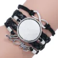 Multilayer braided leather bracelet with infinity charm and round gem tray base - Black