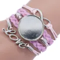 Handmade multilayer braided bracelet base with Love charm and pink cords, SKU detail view - Pink Purple