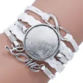 Multi-layer white leather braided charm bracelet with round bezel tray and love pendant. - White