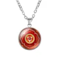 Close-up of 18mm red yoga mandala glass cabochon pendant necklace - Red