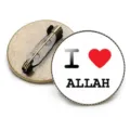 Close-up of round brooch badge with 'I Love Allah' design and bronze pin back - I heart ALLAH Style