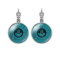 Close-up of Islamic Allah calligraphy glass cabochon leverback earrings in silver-tone - Blue Calligraphy Style