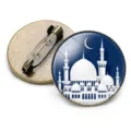 Round brooch with Islamic mosque and crescent moon design on blue glass cabochon - Mosque Crescent Architecture Style