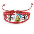 Red multilayer braided leather bracelet featuring a Virgin of Guadalupe religious pendant - Red