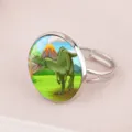 Bague ajustable argentée avec un design cabochon en verre dinosaure et volcan cartoon - #04