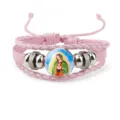 Multilayer pink braided leather bracelet with Virgin of Guadalupe glass dome charm - Pink