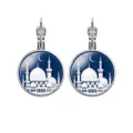 Silver-plated leverback earrings featuring a blue night mosque and crescent moon design - Mosque Night View Style