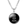 Silver chain necklace with a black glass cabochon pendant featuring religious quote text - Black English Quote