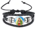 Multi-layer black braided leather bracelet with Our Lady of Guadalupe religious charm - Black