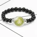 Black elastic bead bracelet with green Islamic Allah calligraphy time gem cabochon - Black