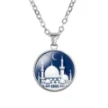 Silver Islamic mosque pendant necklace with glass gem and crescent moon - Blue Night Mosque