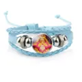 Handmade blue multi-layer braided leather bracelet with religious Mazu deity glass cabochon - Light Blue (A9101401)