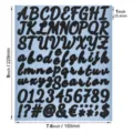 Macro view of a 9x7.6 inch sheet of 1-inch glitter script alphabet and number stickers - Cursive Script (Black Glitter) / Black Glitter