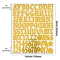 Detaillierte Maße des 1-Zoll-Gothic-Alphabet- und Zahlenaufkleberbogens in Goldglanz. - Spiegelgold Gotik / 1 Zoll / Helles Gold