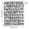 Detailed view of the 1-inch shiny silver metallic alphabet and number sticker sheet dimensions - 100 Pieces/Pack / Bright Silver