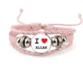 Pink braided leather bracelet with I Heart Allah glass charm - 18mm / Pink