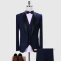 Detailed view of navy blue three-piece men's suit with shawl collar and vest - S / Set / Dark Blue
