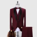Detail of burgundy 3-piece men's tuxedo suit with black shawl collar and bow tie - 6XL / Set / Wine Red 987