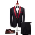 Three-piece men's slim fit suit with red shawl lapel, vest, trousers and bow tie - S / Set / Red Shawl Lapel