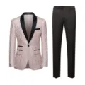 Elegant men's slim fit two-piece tuxedo suit featuring pink floral jacquard and black lapels - M / Top And Bottom / Pink