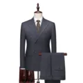 Professional men's slim fit double-breasted suit set in charcoal grey - M / Top And Bottom / Dark Gray
