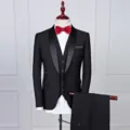 Elegant black 3-piece men's tuxedo suit with satin shawl lapel and red bowtie - 3XL / Set / 3-Piece Set (Jacket+Pants+Vest) / Black (Shawl Lapel 3-Piece Set)