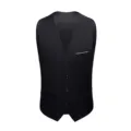 A detailed close-up shot of a classic black men's slim fit suit vest with four buttons - S / Tops / Black