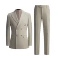 Elegant beige men's slim fit suit set with double-breasted blazer and formal trousers. - 48/L / Top And Bottom / Beige