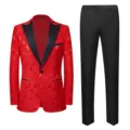 Men's slim fit two-piece formal suit featuring a red rose blazer and black pants - 56/195/4XL / Top And Bottom / Red