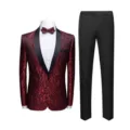 Elegant slim fit men's 2-piece formal suit featuring red paisley blazer and black trousers - M / Top And Bottom / Burgundy