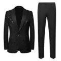Slim fit men's 2-piece suit set featuring exquisite black rose jacquard pattern - 56/195/4XL / Top And Bottom / Black