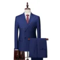 Slim fit men's double-breasted navy blue business suit set with blazer and pants - M / Top And Bottom / Blue