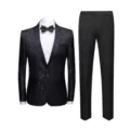 Men's slim fit 2-piece black suit with elegant floral jacquard pattern - M / Top And Bottom / Black