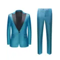 Elegant sparkling blue men's two-piece stage performance suit with black lapels - M/46/170 / Top And Bottom / Peacock blue 661