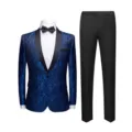 Slim fit blue floral tuxedo jacket with black trousers, 2-piece formal suit set. - M / Top And Bottom / Blue