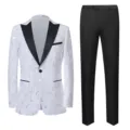 Slim fit men's two-piece suit featuring white floral jacquard blazer and black trousers - 56/195/4XL / Top And Bottom / White