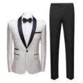 Elegant men's two-piece slim fit suit with white floral jacquard blazer and black trousers - M / Top And Bottom / White
