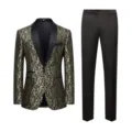 Men's slim fit two-piece suit with gold floral pattern blazer and black dress pants - M / Top And Bottom / Gold